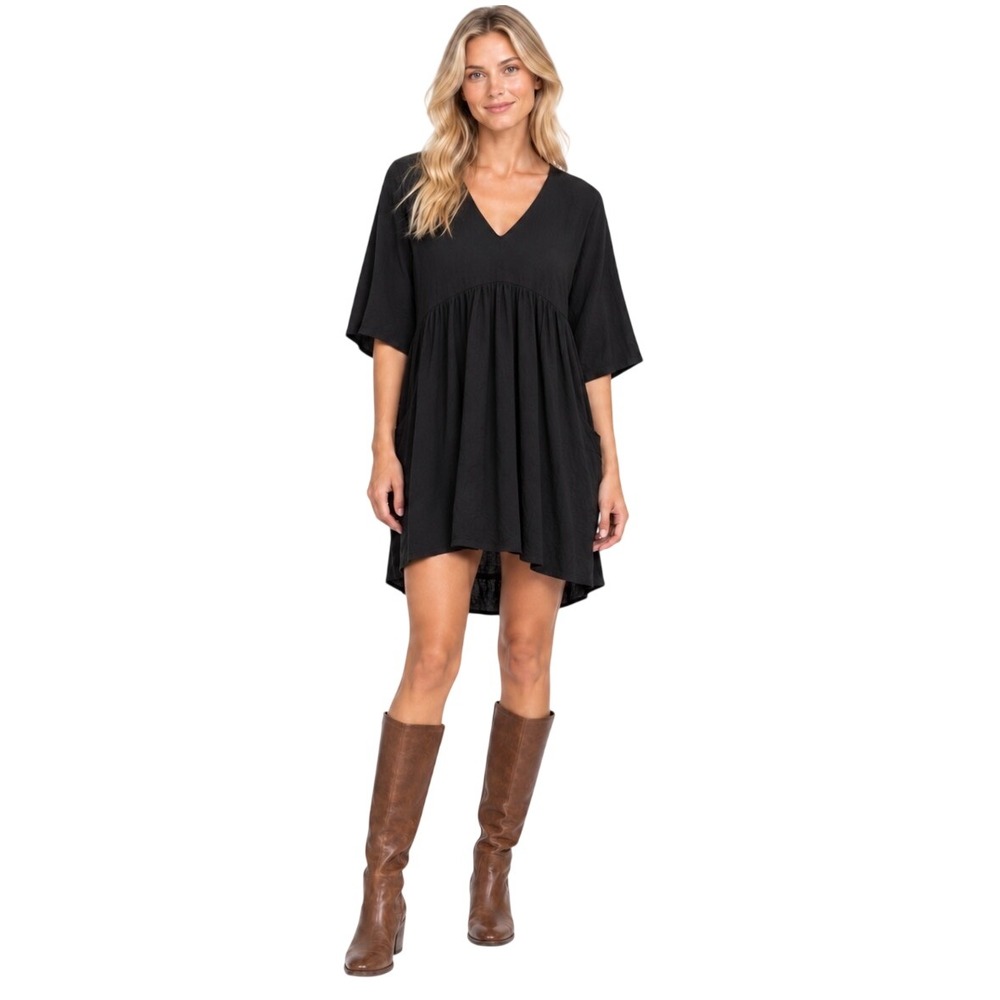 Natural Life Women Black V-Neck Babydoll Mini Dress Elbow Sleeve Rayon Size S